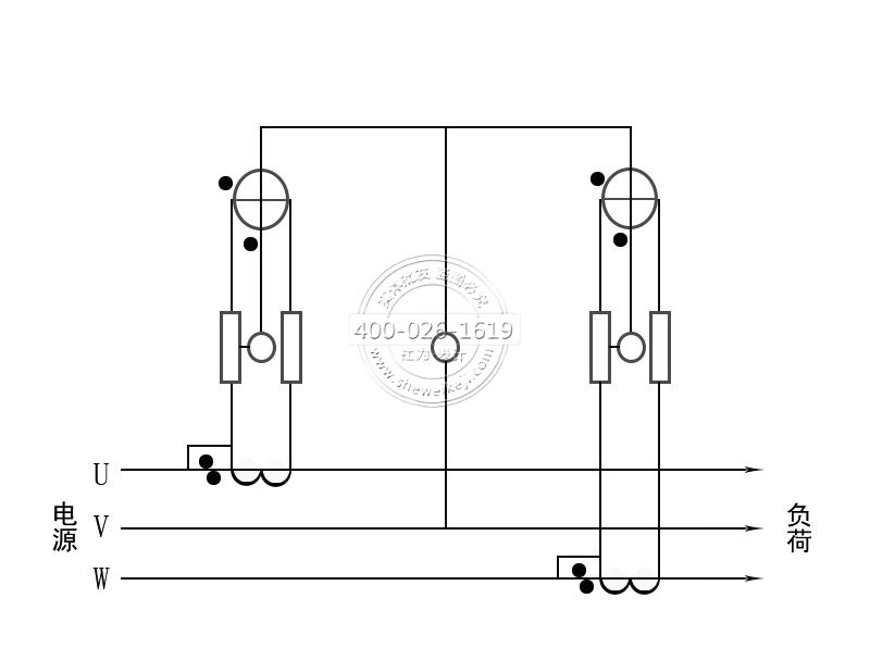 三相三線電能表經(jīng)電流互感器接線（電流、電壓線共用）