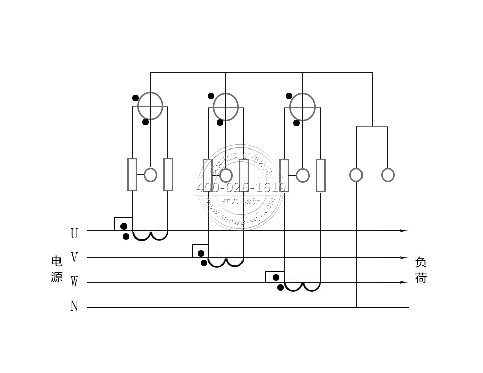 三相四線電能表電流互感器接線（電流、電壓線共用）